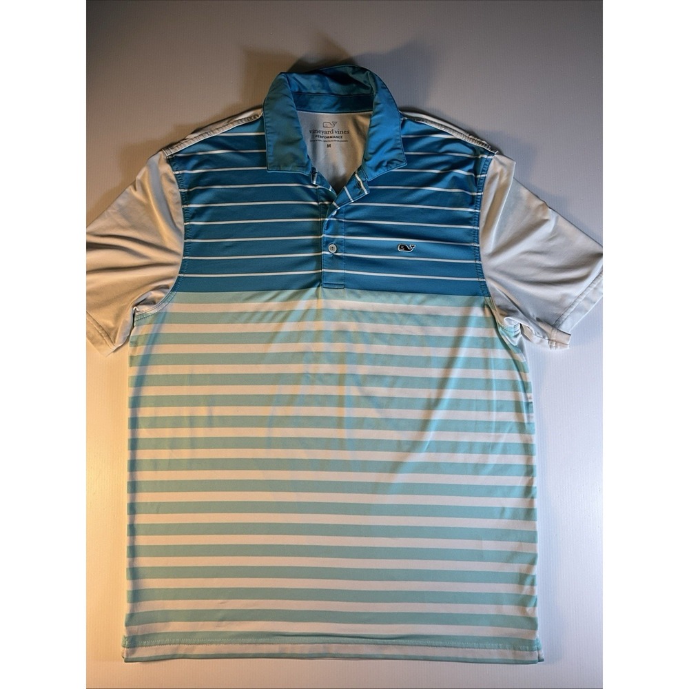 Men's Blue Vineyard Vines Performance Short Sleeve Striped Polo Shirt Medium